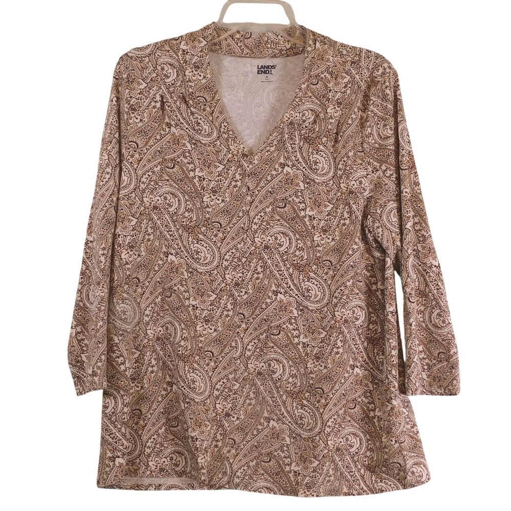 Lands End Womens Brown Paisley V-Neck 3/4 Sleeve Tunic Top Size M 10-12